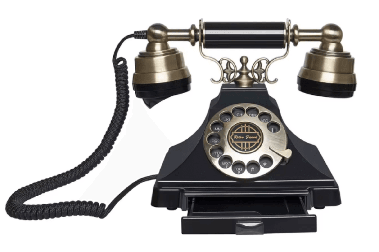 The Heritage black and brass rotary audio guest book phone